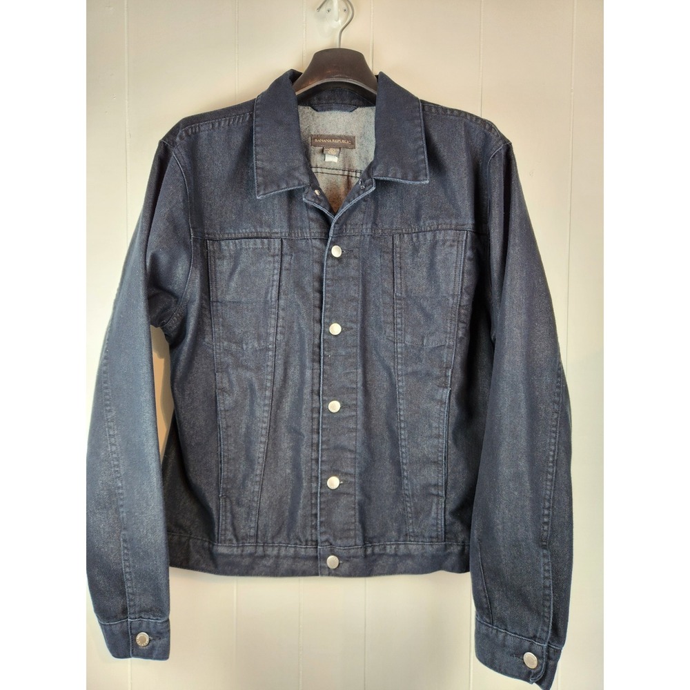 Banana Republic Women XL Dark Denim Trucker Jacket Blue Button Front Coated Look